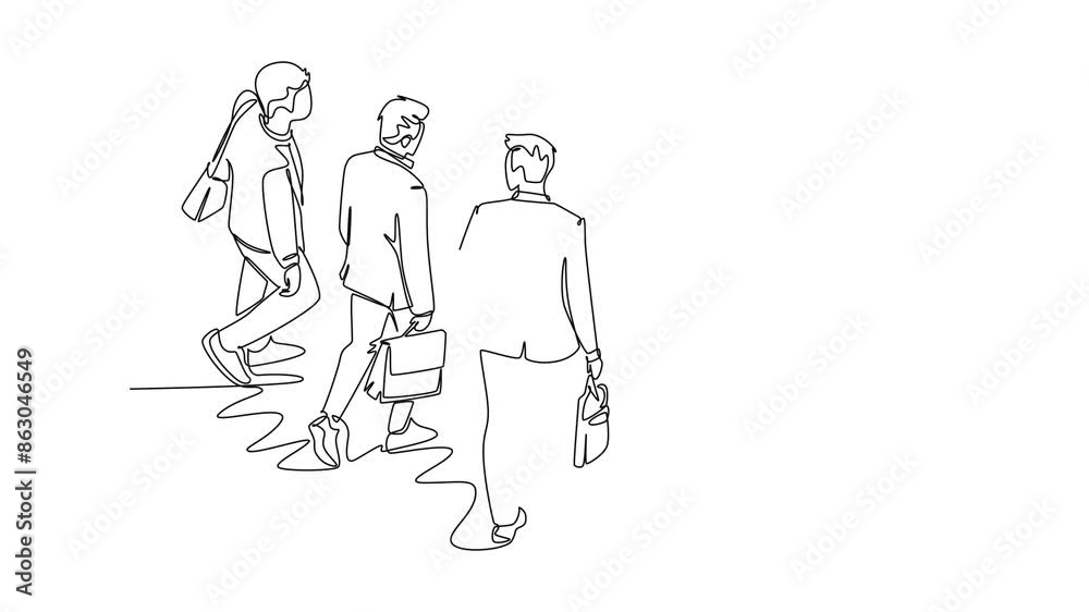 Animated self drawing of continuous line draw top view of young male and female employee walking together rushed so as not to be late for work. Urban commuter worker. Full length single line animation Animated self drawing of continuous line draw top view of young male and female employee walking together rushed so as not to be late for work. Urban commuter worker. Full length single line animation