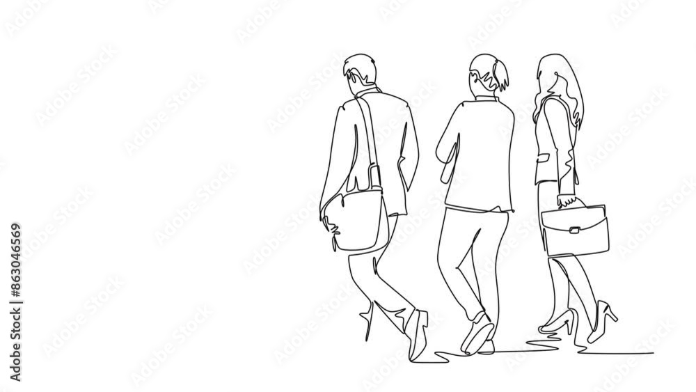 Animated self drawing of continuous line draw back view of group urban male and female commuters walking every day on city road go to office. Urban commuter workers. Full length single line animation Animated self drawing of continuous line draw back view of group urban male and female commuters walking every day on city road go to office. Urban commuter workers. Full length single line animation