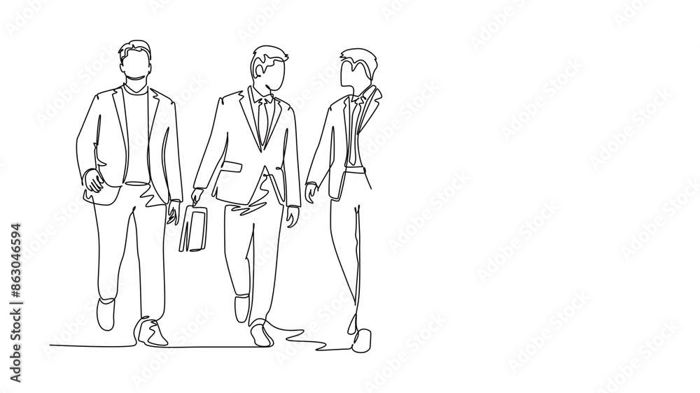 Self drawing animation of single line young happy male sales managers walking together and discussing new selling strategy. Urban commuter workers concept. Continuous line draw. Full length animated Self drawing animation of single line young happy male sales managers walking together and discussing new selling strategy. Urban commuter workers concept. Continuous line draw. Full length animated