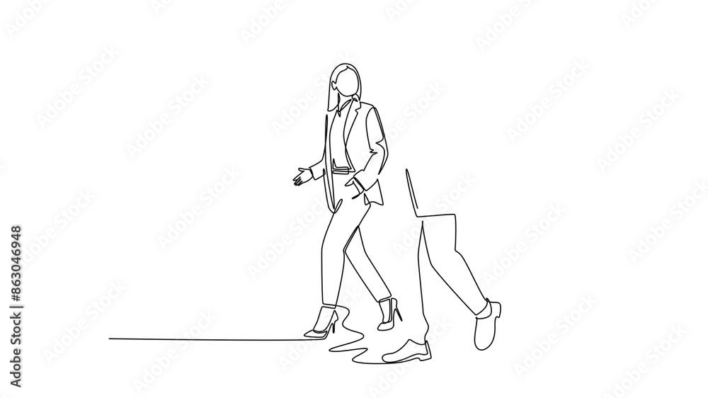 Animated self drawing of continuous line draw young couple male and female employees discussing new strategy plan to write annual report. Urban commuter workers concept. Full length one line animation
