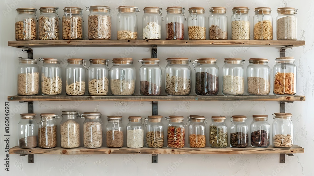 Zero Waste Kitchen Pantry Sustainable pantry with bulk food in glass jars on wooden shelves : Generative AI Zero Waste Kitchen Pantry Sustainable pantry with bulk food in glass jars on wooden shelves : Generative AI