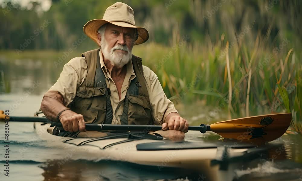 Surrounded by marsh grass, an older man fishes from a kayak in Bayou Thunder Von Tranc, Louisiana 4K Video Surrounded by marsh grass, an older man fishes from a kayak in Bayou Thunder Von Tranc, Louisiana 4K Video