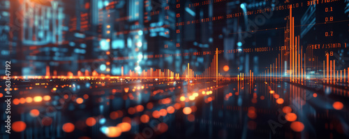 Double exposure of stock market charts and graphs with digital background, orange, indigo, and gunmetal colors, cinematic lighting