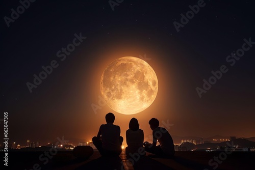 MidAutumn Festival Celebration on Rooftop Terrace with Friends Sharing Mooncakes and Tea Under Full Moon
