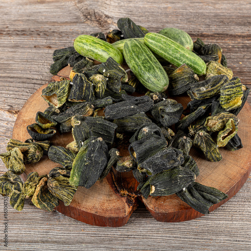 Dried Cucumber from Turkey stuffed with ground meat, rice, herbs and spices. Stuffed cucumber is a traditional Turkish dish from Gaziantep. Local name; Dolmalik Kuru Acur. photo