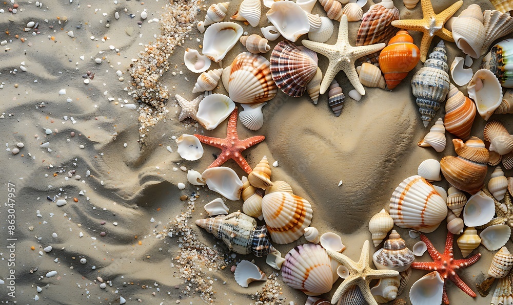 Fototapeta premium Top View of a Sandy Beach with Exotic Seashells and Starfish in a Heart Shape for Romantic Summer Designs
