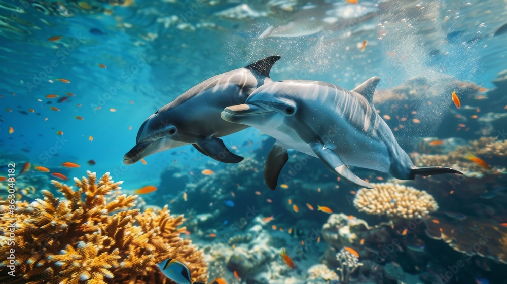 Fototapeta premium two dolphins swimming around the coral reef, with fish and sea plants in the background, showing an under water view