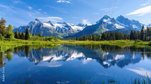 Idyllic mountain lake reflecting snowy peaks, peaceful, Mountain lake, Nature's tranquility