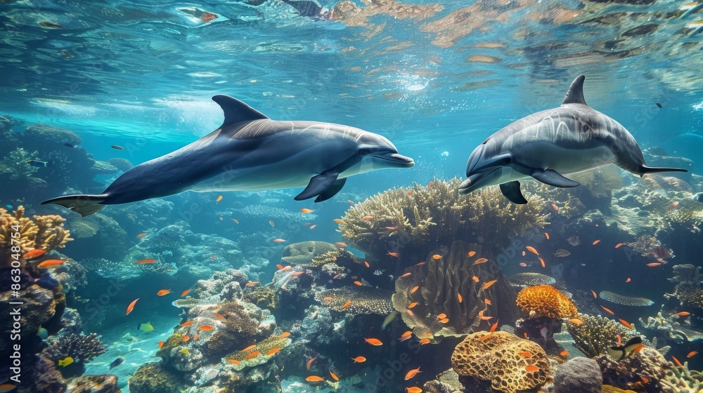Obraz premium two dolphins swimming around the coral reef, with fish and sea plants in the background, showing an under water view