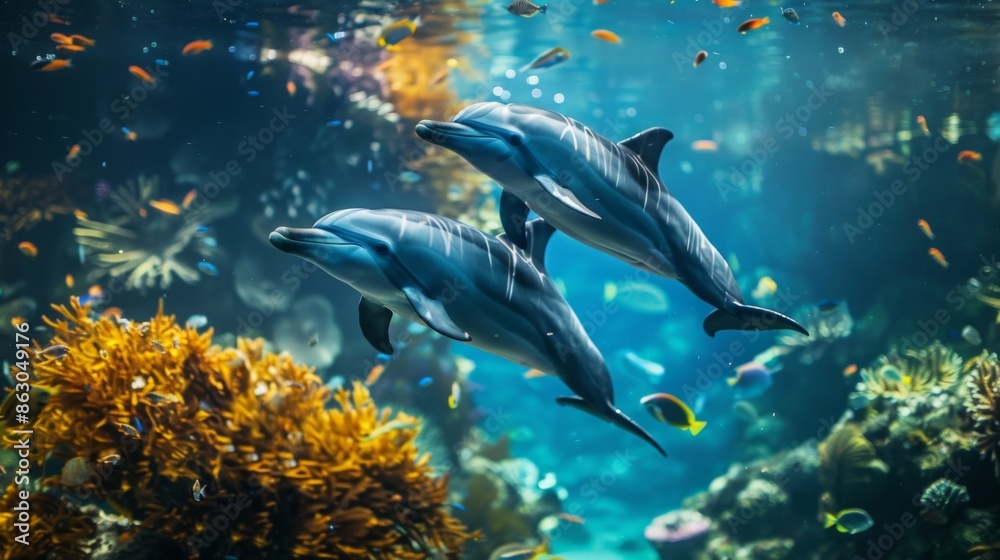 Obraz premium two dolphins swimming around the coral reef, with fish and sea plants in the background, showing an under water view