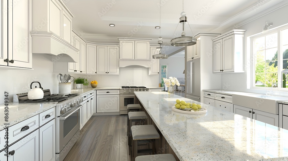 a white kitchen with a granite island : Generative AI a white kitchen with a granite island : Generative AI