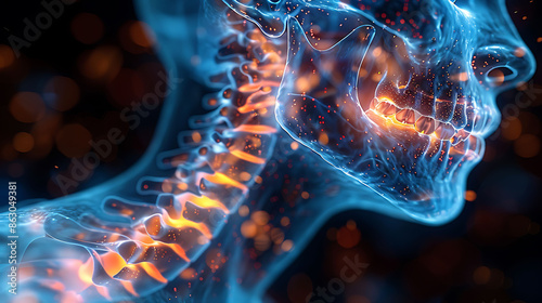 Spinal health visualization Person whiplash injury glowing depiction of the neck's rapid backandforth movement and resultant strain