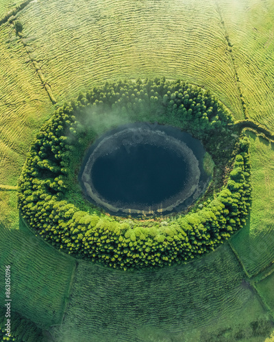 Aerial view of Seven Lakes and lush forest in Capelas, Azores Islands, Portugal.