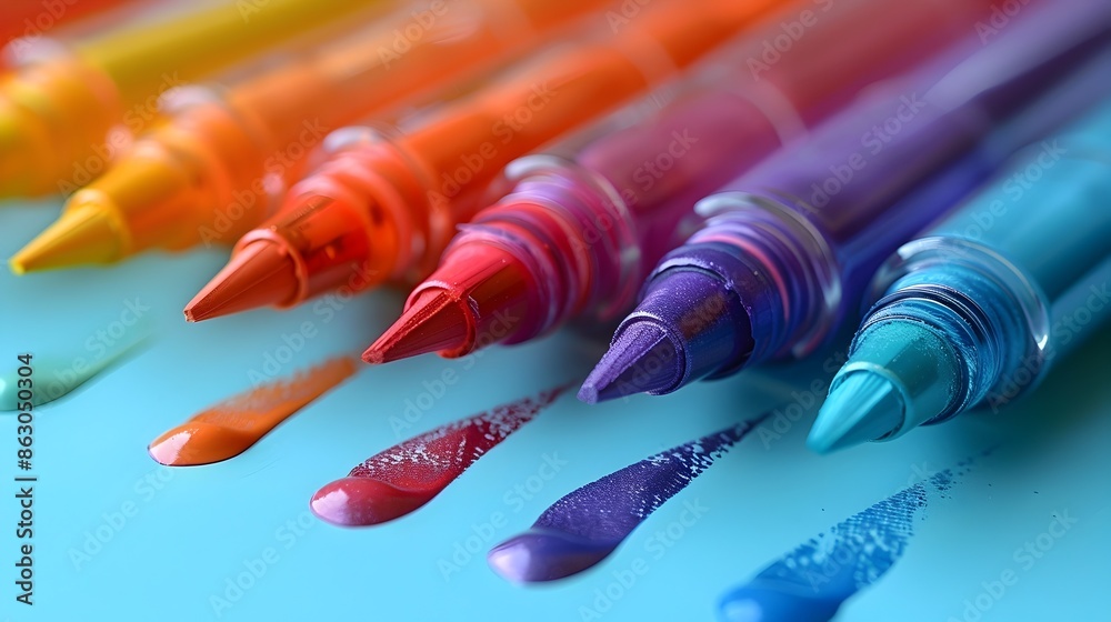 Obraz premium Colorful Highlighter Markers Arranged in a Row on Pastel Background