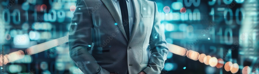 Male CEO in light grey suit, torso view, discussing globalization, tech conference backdrop, conveying leadership in global business, digital tone, Complementary Color Scheme Male CEO in light grey suit, torso view, discussing globalization, tech conference backdrop, conveying leadership in global business, digital tone, Complementary Color Scheme