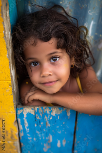 Little Latin girl with big brown eyes leans against the blue wooden gate. Generative AI.