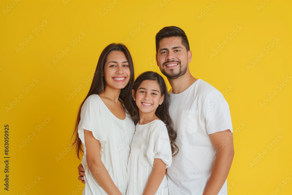 Caring family of three with little adorable daughter on yellow background. Generative AI Caring family of three with little adorable daughter on yellow background. Generative AI