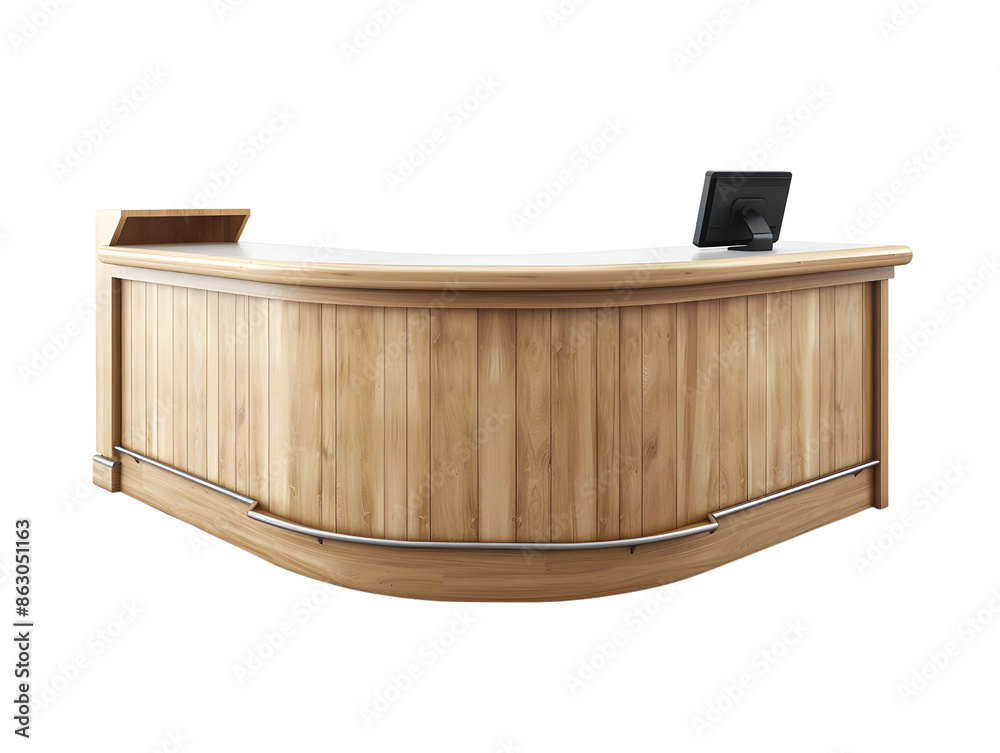 A curved wooden reception desk with a cash register and a monitor on top.  The desk is isolated on a white background.