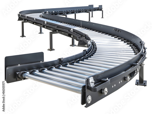 A curved conveyor belt system with roller wheels.