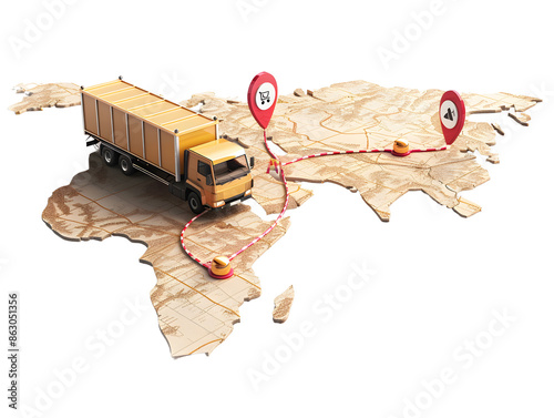 A delivery truck travels across a wooden map, connecting two red pinpoints. photo