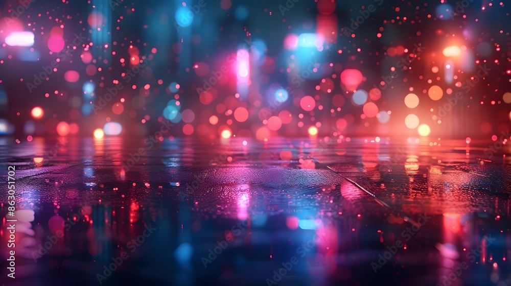 Vibrant Neon Lights Reflecting on Wet Urban Street at Night Vibrant Neon Lights Reflecting on Wet Urban Street at Night