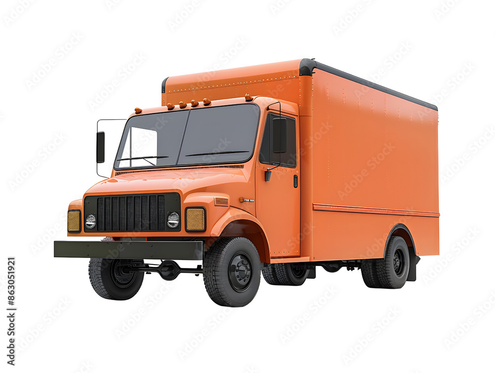 An orange delivery truck isolated on a white background. The truck has a black grill and headlights. An orange delivery truck isolated on a white background. The truck has a black grill and headlights.