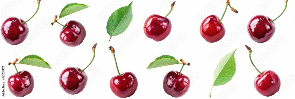 Cherry Isolated on White Background. Fresh Cherries with Stems and Leaves, Twig Collection Cherry Isolated on White Background. Fresh Cherries with Stems and Leaves, Twig Collection