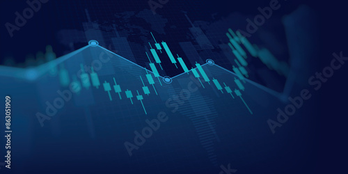 Widescreen abstract financial chart with uptrend line graph and world map on blue color background