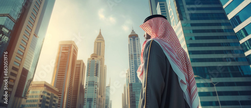 Rear view of an Arab man in traditional clothing looking at the city at sunset. Generative AI.