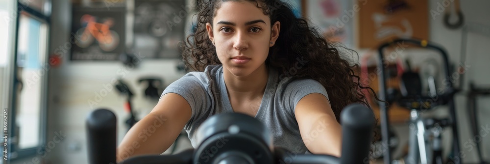 Fototapeta premium A young Hispanic woman with curly hair is exercising on a stationary bike in a fitness studio