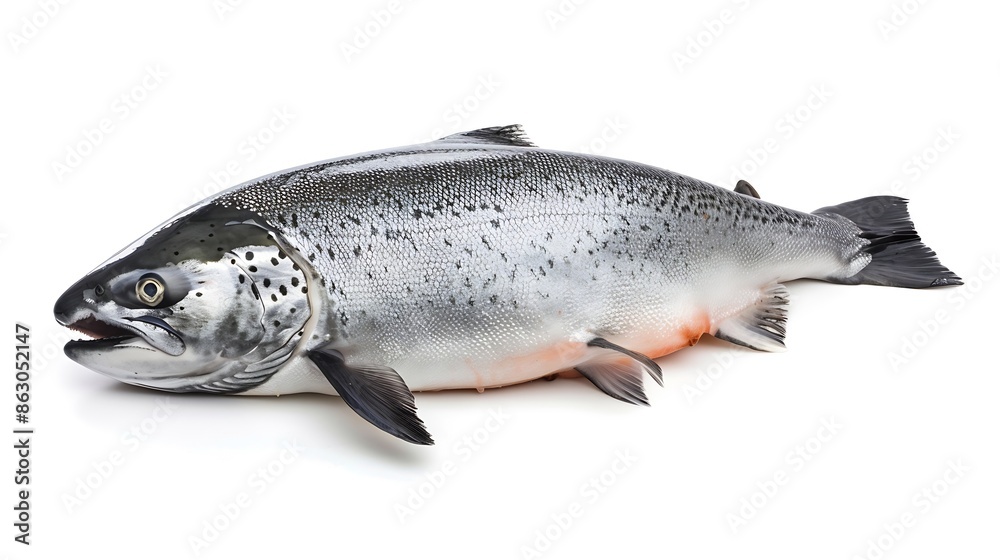 Whole Atlantic Salmon fish isolated on a white studio background : Generative AI Whole Atlantic Salmon fish isolated on a white studio background : Generative AI