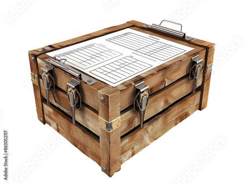 Wooden crate with a clipboard and paper inside, secured with metal clasps and hinges.