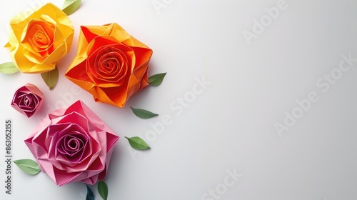 Colorful origami roses for Valentine s Day love themes White background with room for text