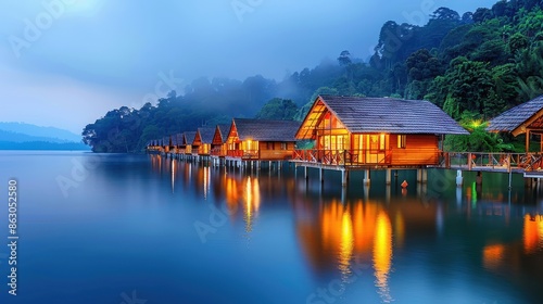 Wooden stilt houses at twilight on a foggy lake, serene reflections, peaceful setting 