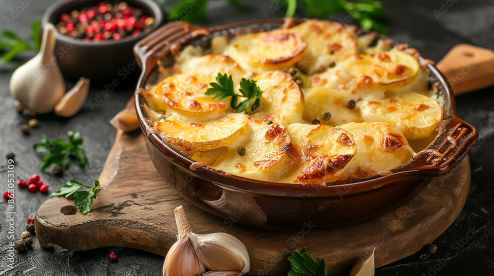 Appetizing potato gratin with creamy sauce placed on wooden board near raw ingredient. Generative AI Appetizing potato gratin with creamy sauce placed on wooden board near raw ingredient. Generative AI