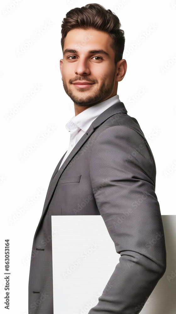 Handsome businessman standing in profile on white background holding a blank sign. Generative AI. Handsome businessman standing in profile on white background holding a blank sign. Generative AI.