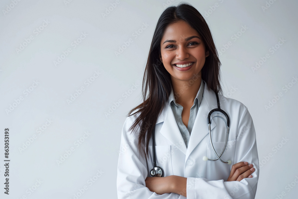 Young woman doctor in white coat and stethoscope with crossed arms on light background Generative AI Young woman doctor in white coat and stethoscope with crossed arms on light background Generative AI