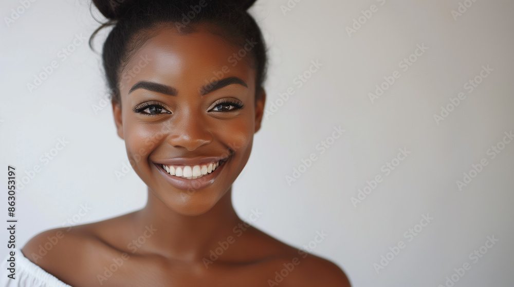 Beautiful young black girl in bun smiling isolated on light background with copy space Generative AI Beautiful young black girl in bun smiling isolated on light background with copy space Generative AI