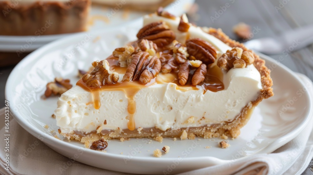 Vanilla Cheesecake pie desserts with caramel and walnut topping in the fridge Vanilla Cheesecake pie desserts with caramel and walnut topping in the fridge