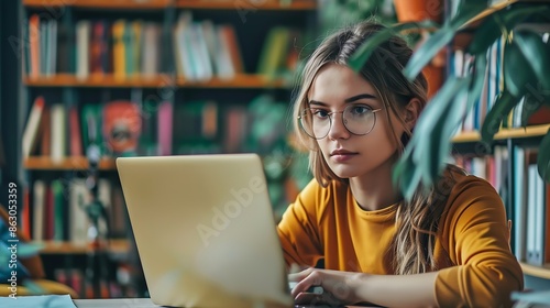 Portrait of serious millennial caucasian female student sit at desk at home study online on laptop Thoughtful young attractive woman use computer take distant course or training Educat : Generative AI