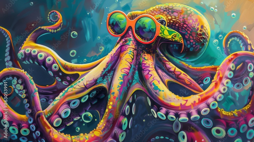 Obraz premium Vibrant octopus with sunglasses in psychedelic oceanic environment whimsical marine life