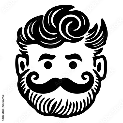 A black and white illustration of a man's face with a curly mustache and stylized hair