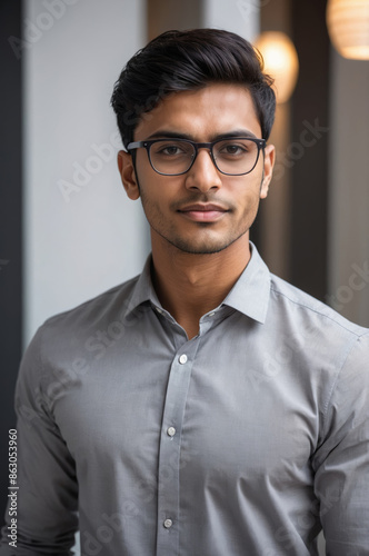 Portrait of indian young man wearing glasses gazes directly at camera with confident expression