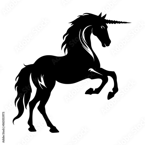 A black silhouette of a unicorn with a long horn, standing in a dynamic pose