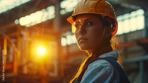 Female worker in work helmet looking at empty space while working in the factory. Generative AI