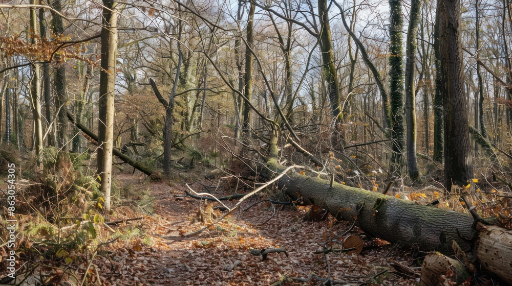 Fallen Tree in a Sun-Dappled Forest - Nature's Fury Documenting the Aftermath of a Major Storm in a Forest with Fallen Trees Fallen Tree in a Sun-Dappled Forest - Nature's Fury Documenting the Aftermath of a Major Storm in a Forest with Fallen Trees