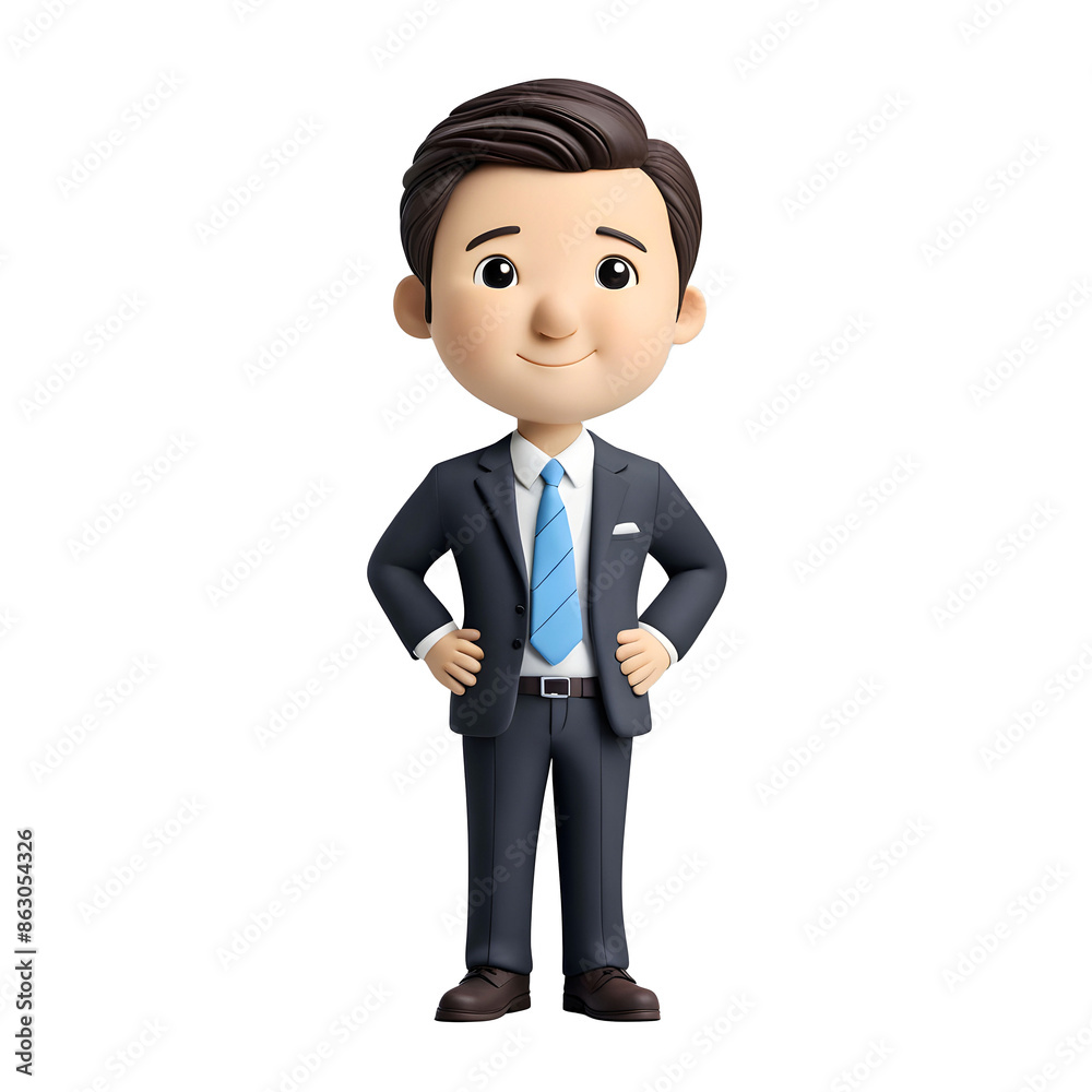 Cute 3d clay figure of confidently businessman in suit and tie standing on Isolated Background Cute 3d clay figure of confidently businessman in suit and tie standing on Isolated Background
