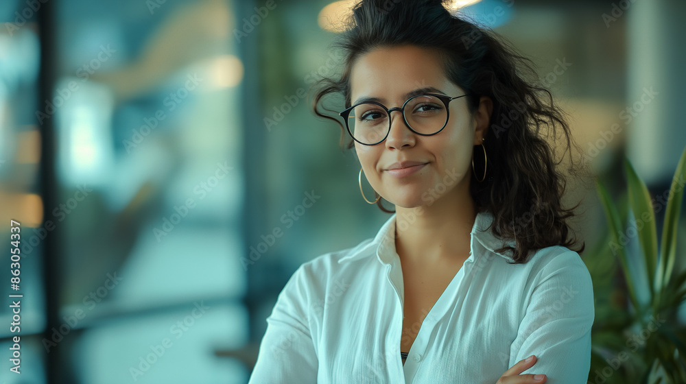 Confident brunette woman in glasses standing indoor next the window. Generative AI. Confident brunette woman in glasses standing indoor next the window. Generative AI.