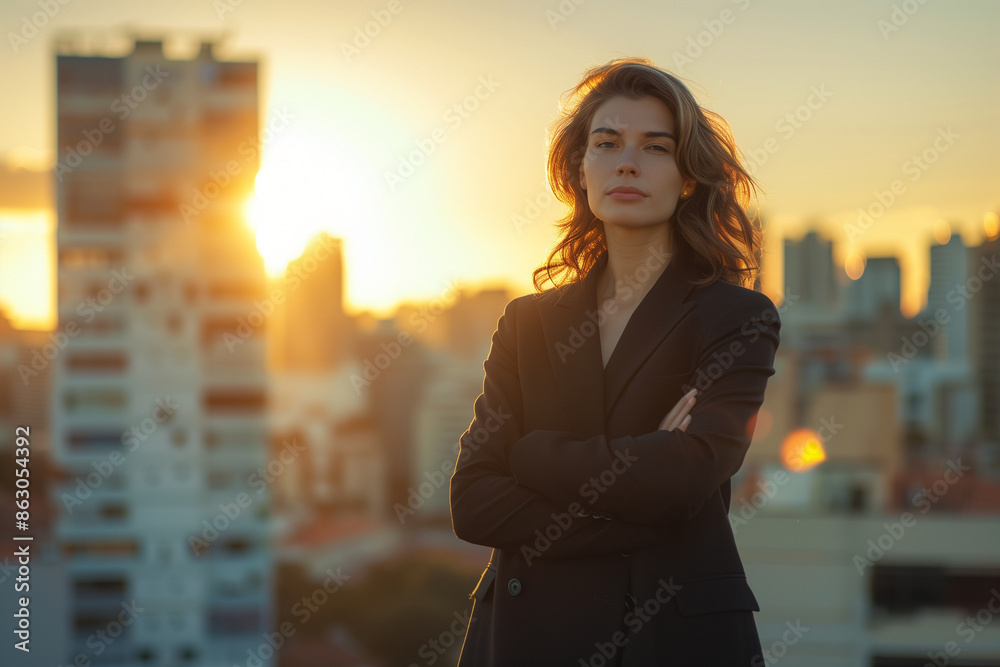 Fototapeta premium Confident young businesswoman standing on rooftop at sunset. Generative AI.