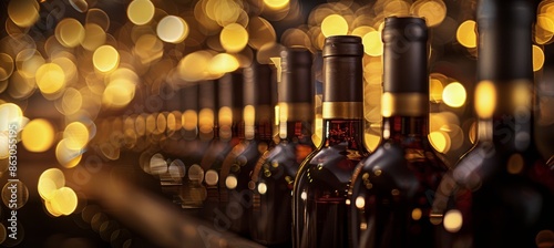 Wine Bottles On A Rack With Bokeh Lights In A Wine Cellar